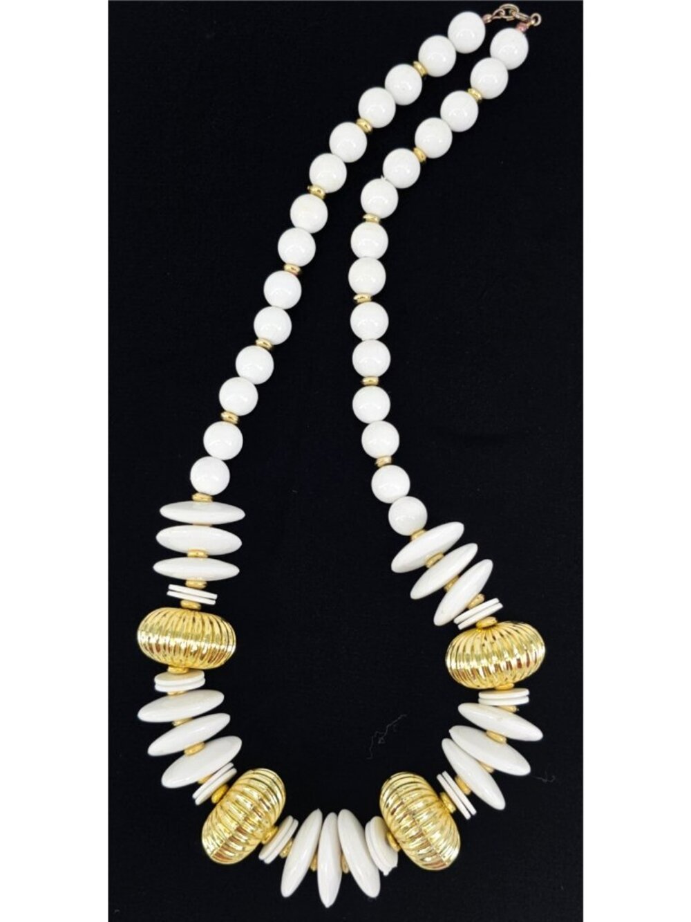 Vintage Long White & Gold-Tone Statement Bead Necklace – 24 Inches